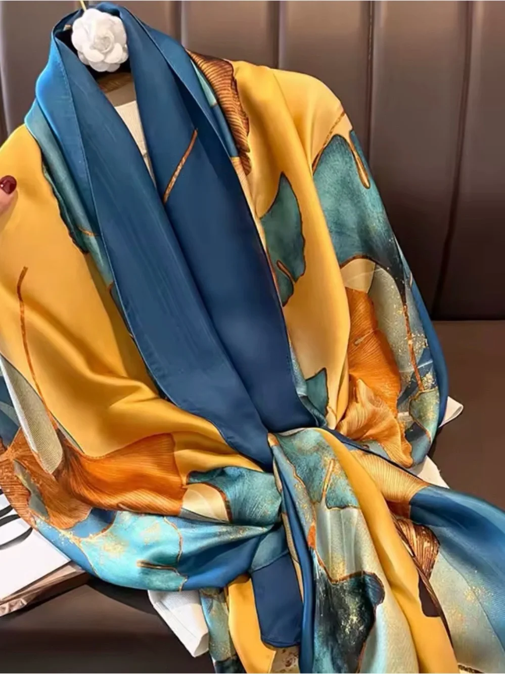 Soft Polyester Scarf Teal & Mustard with Satin Silk Feel Like
